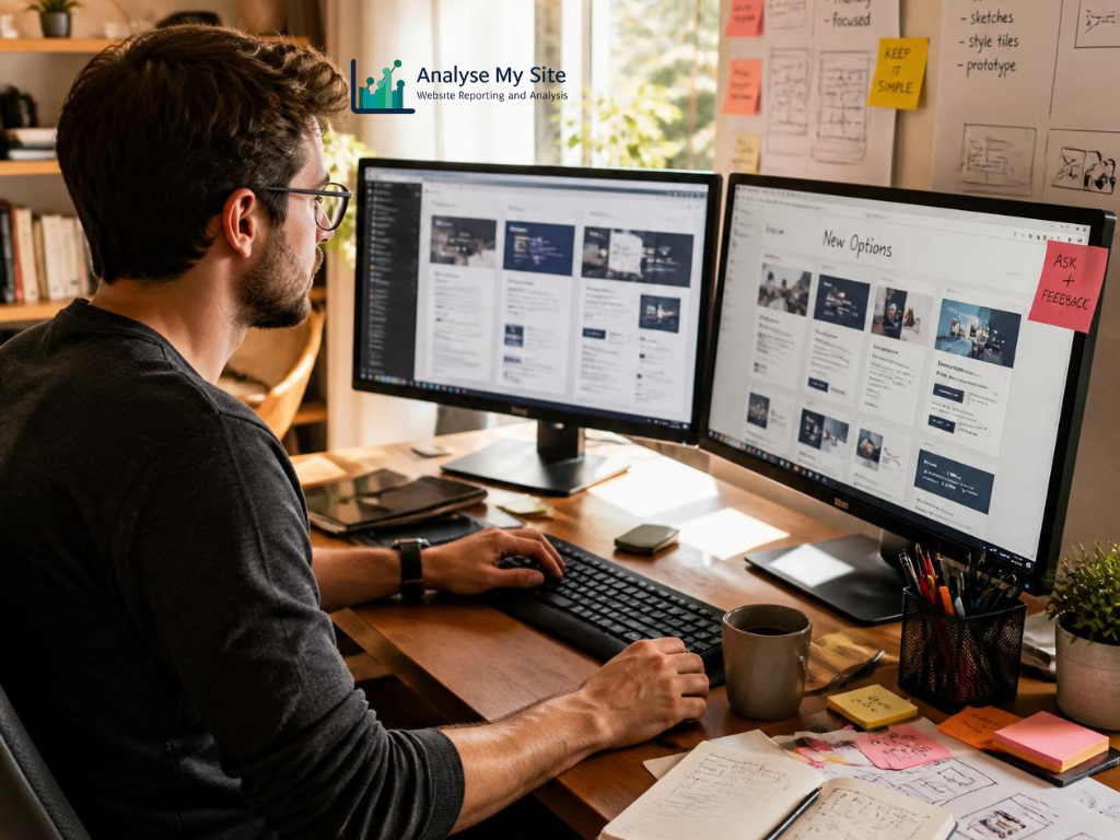 Web developer reviewing website performance and redesign options on dual computer monitors. Web DevelopmentWordPress Development, Laravel, Customized Web Application, Progressive Web App, UI/UX Design, BigCommerce, Shopify
