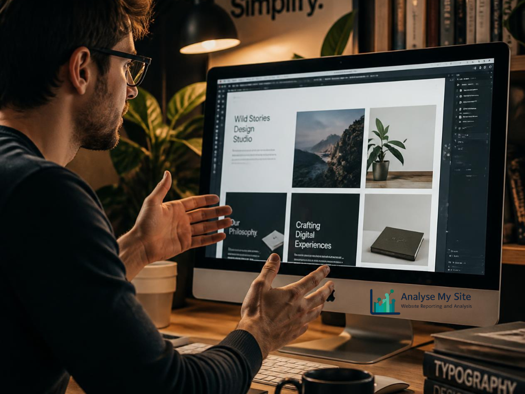 Web designer comparing desktop and mobile website layouts on a computer screen. Web DevelopmentWordPress Development, Laravel, Customized Web Application, Progressive Web App, UI/UX Design, BigCommerce, Shopify