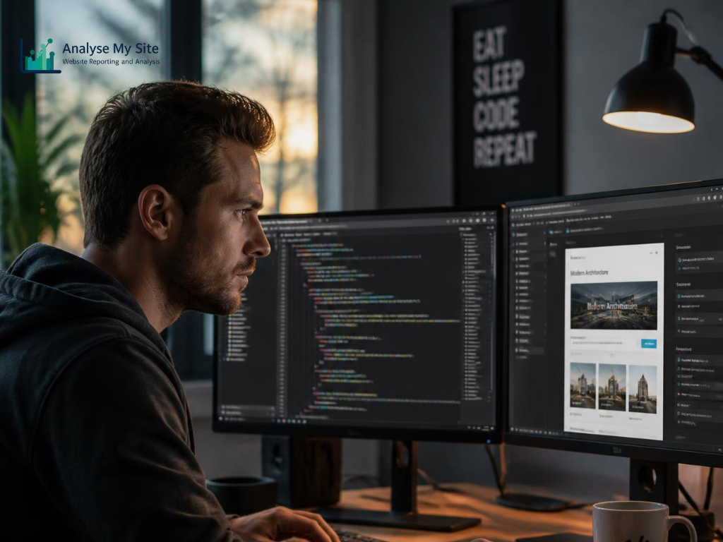 Developer reviewing website code and content management interfaces on two computer monitors